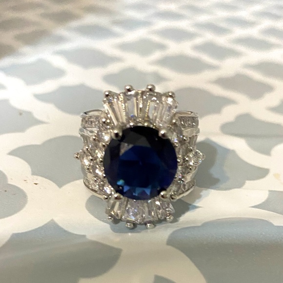 Blue Sapphire Sterling Silver Baguette Crown Statement Ring - Picture 14 of 14